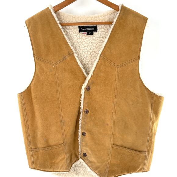 Steer Brand Mens Suede Leather Vest L Sherpa Lining Tan Western Camp Farm Work - Picture 1 of 5